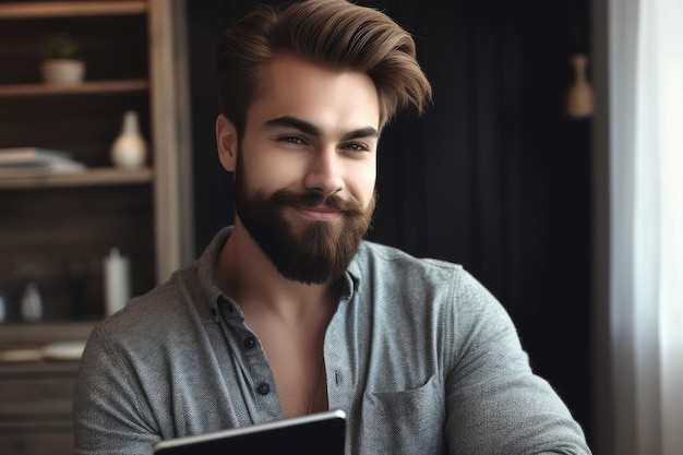 Retrato de un joven apuesto que sostiene una tableta digital en casa creada con IA generativa