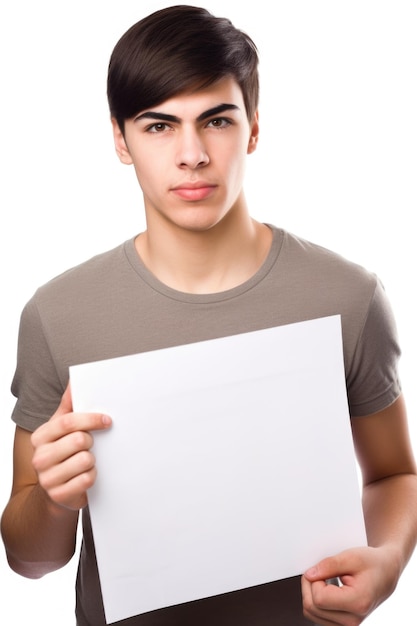 Retrato de un joven apuesto sosteniendo un cartel en blanco