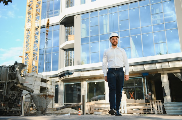 Retrato de un joven arquitecto o ingeniero en un sitio en construcción