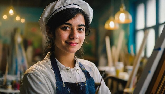 Retrato de una joven artista de pie en su estudio y sonriendo