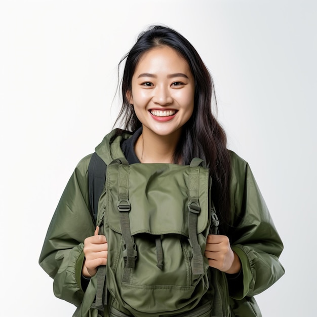 Retrato de una joven asiática con una chaqueta verde y una mochila