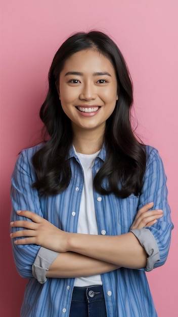 Retrato de una joven asiática con expresión positiva, brazos cruzados, sonrisa, vestida ampliamente con casua.