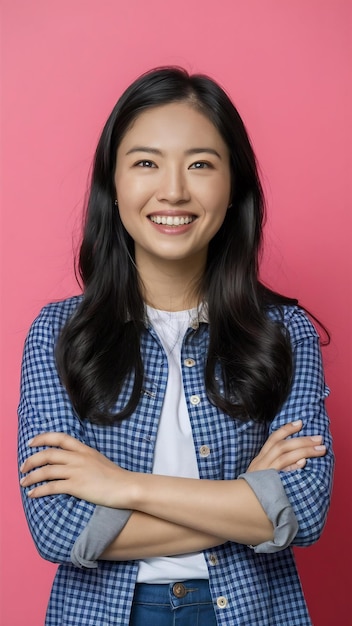 Retrato de una joven asiática con expresión positiva, brazos cruzados, sonrisa, vestida ampliamente con casua.