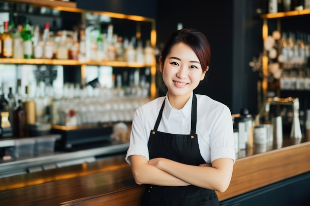 Retrato de una joven asiática feliz que trabaja como camarera en un bar