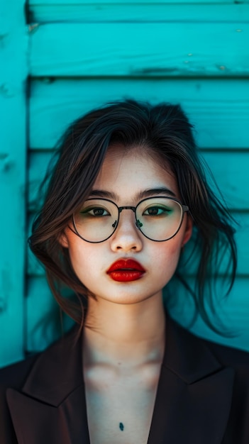 Retrato de una joven asiática con un fondo turquesa con copyspace