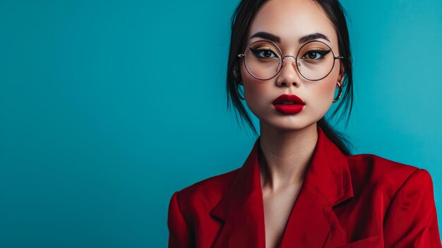 Retrato de una joven asiática con un fondo turquesa con copyspace
