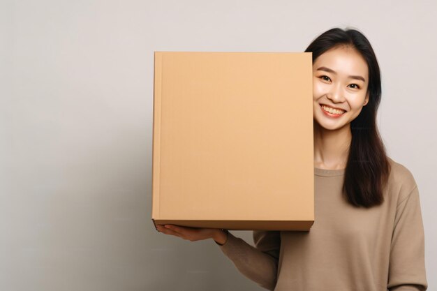 Retrato de una joven asiática sosteniendo una caja de paquetes aislada sobre un fondo de estudio blanco