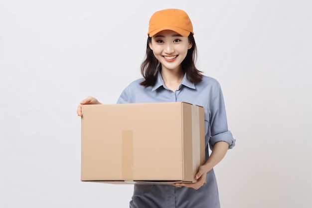 Retrato de una joven asiática sosteniendo una caja de paquetes aislada sobre un fondo de estudio blanco