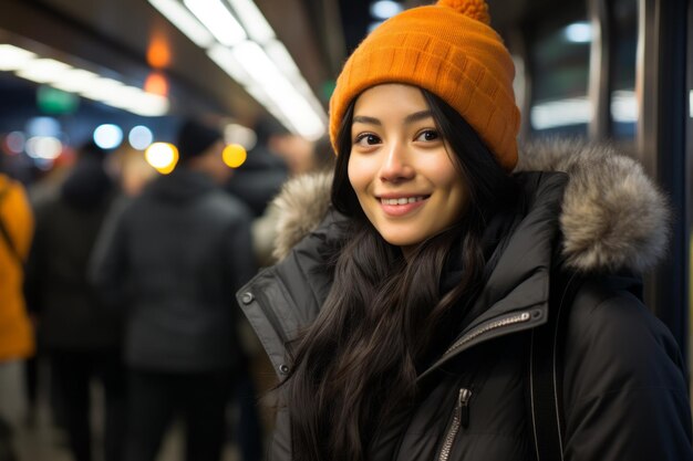 retrato de una joven asiática en un tren subterráneo en la ciudad