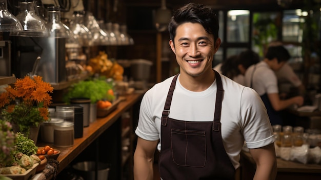 Retrato de un joven asiático dueño de un café o restaurante con una sonrisa