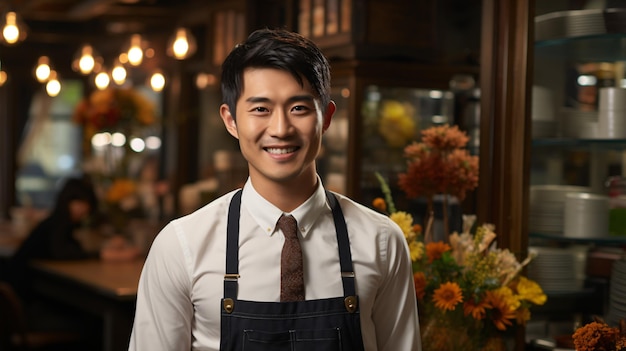 Retrato de un joven asiático dueño de un café o restaurante con una sonrisa