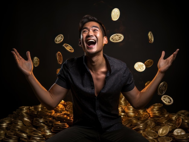 Retrato de un joven asiático feliz de pie bajo la lluvia de Bitcoin concepto de ganancias de criptomoneda
