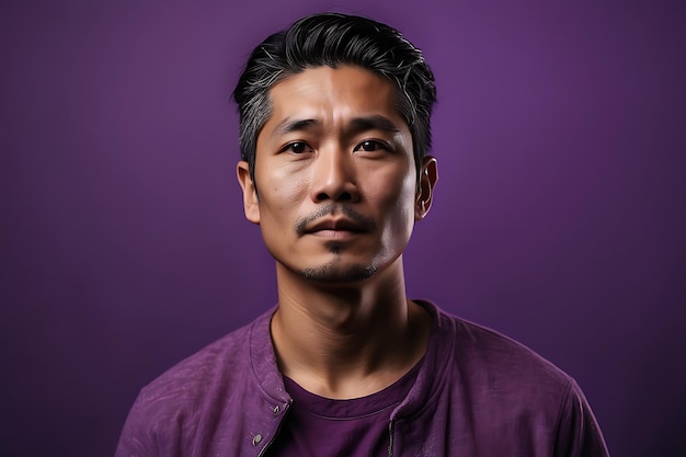 Retrato de un joven asiático sobre un fondo púrpura