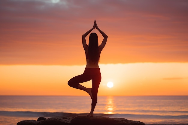 Un retrato de un joven atleta practicando yoga en una playa al amanecer con una iluminación de ensueño y un b