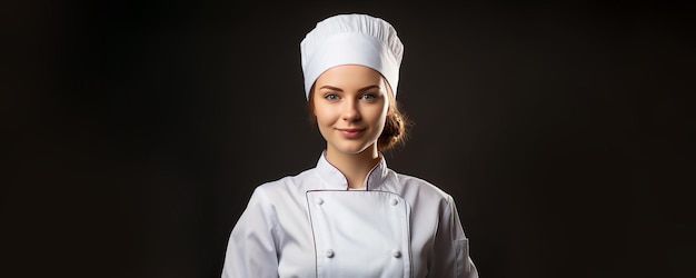 retrato de una joven y atractiva chef con sombrero de chef y chaqueta banner web de chef