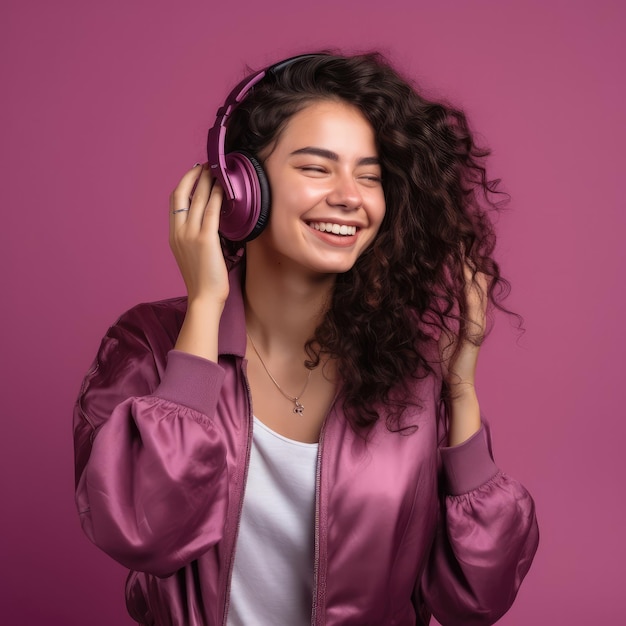 Retrato de una joven atractiva que disfruta de la música con un fondo morado rosa
