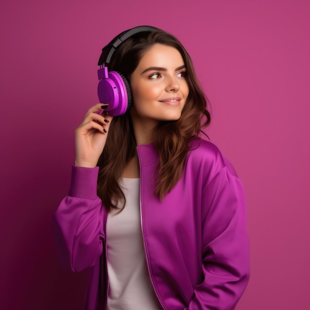 Retrato de una joven atractiva que disfruta de la música con un fondo morado rosa