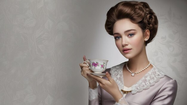 Retrato de una joven atractiva sosteniendo una taza de té