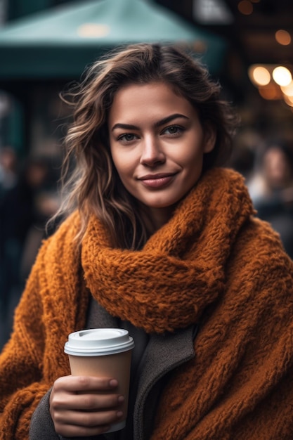 Retrato de una joven atractiva tomando un café al aire libre en la ciudad