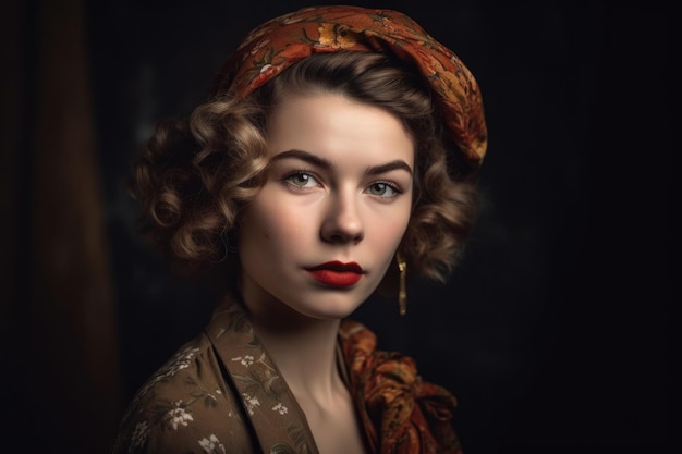 Retrato de una joven atractiva vestida con ropa vintage creada con IA generativa