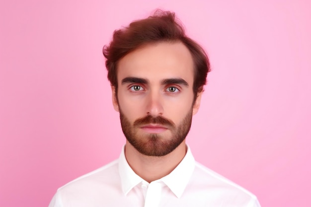 Retrato de un joven con barba sobre un fondo rosa