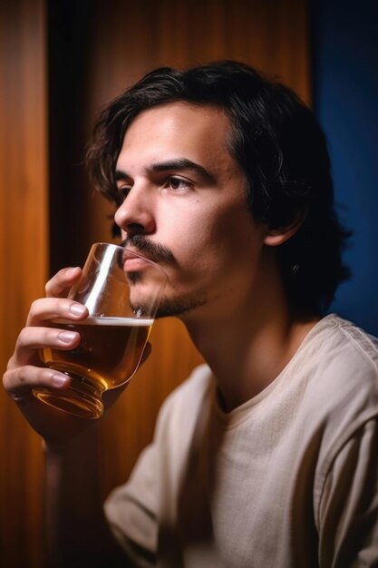 Retrato de un joven bebiendo cerveza en casa creado con IA generativa