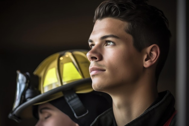 Retrato de un joven bombero mirando a lo lejos creado con IA generativa