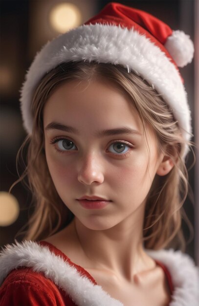 retrato de una joven bonita con un vestido de Papá Noel