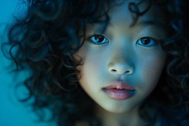 Retrato de una joven con el cabello rizado en la iluminación azul