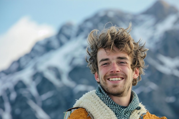 Foto retrato de un joven con el cabello rizado en las montañas