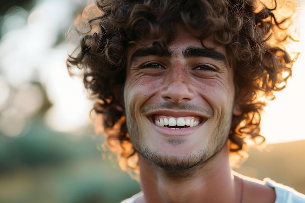 Foto retrato de un joven con el cabello rizado sonriendo a la cámara