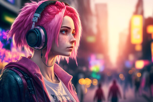 Retrato de una joven con cabello rosado escuchando música con auriculares en las calles de la ciudad Arte generado por redes neuronales