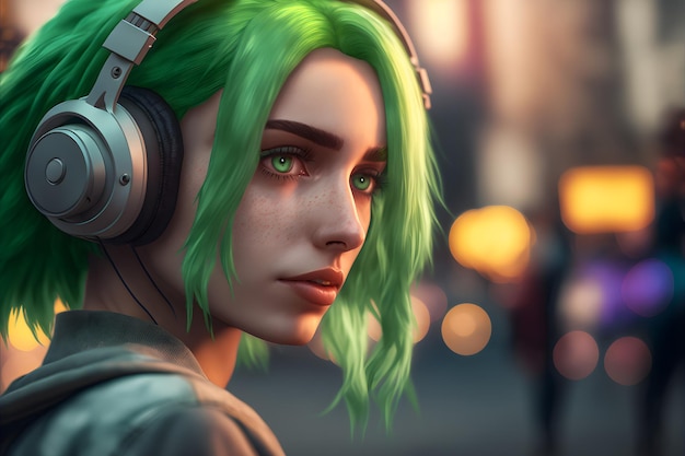 Retrato de una joven con cabello verde escuchando música con auriculares en las calles de la ciudad Arte generado por redes neuronales