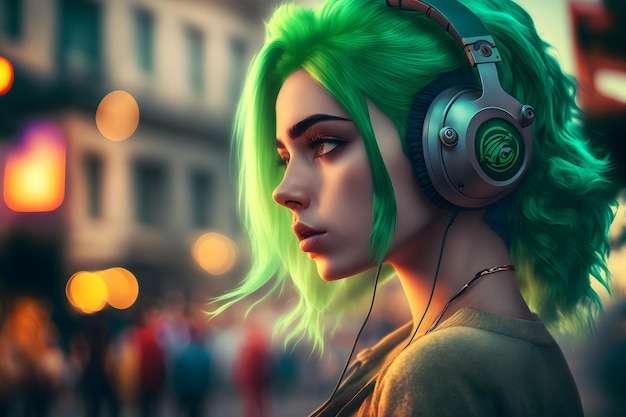 Retrato de una joven con cabello verde escuchando música con auriculares en las calles de la ciudad Arte generado por redes neuronales