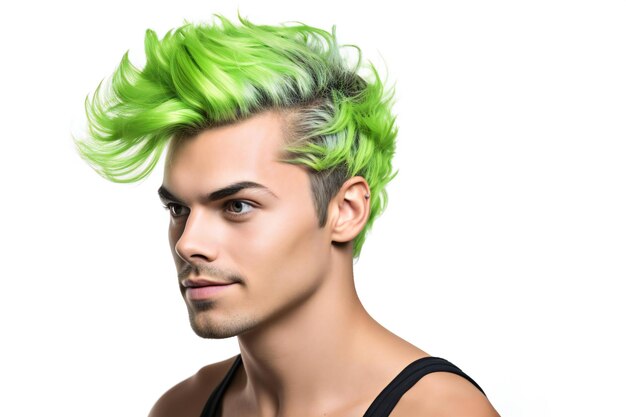 Retrato de un joven con cabello verde sobre un fondo blanco