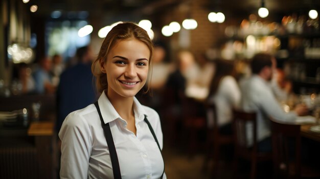 Retrato de una joven camarera feliz en un restaurante ocupado