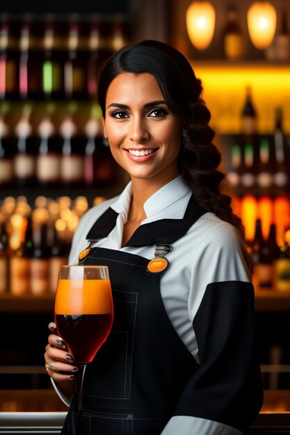 Retrato de una joven camarera con un mono negro dentro de un lujoso restaurante con muchas diferencias