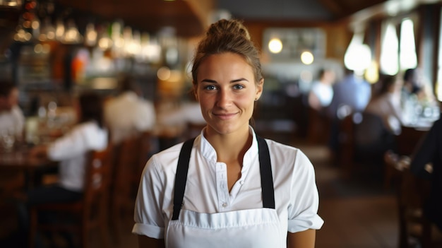 Retrato de una joven camarera en un restaurante