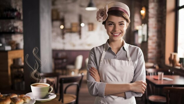 Retrato de una joven camarera sonriente de pie en un café