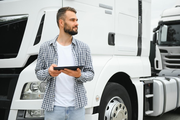 Retrato de un joven camionero barbudo parado junto a su camión Servicio de transporte Trabajo de conductor de camión