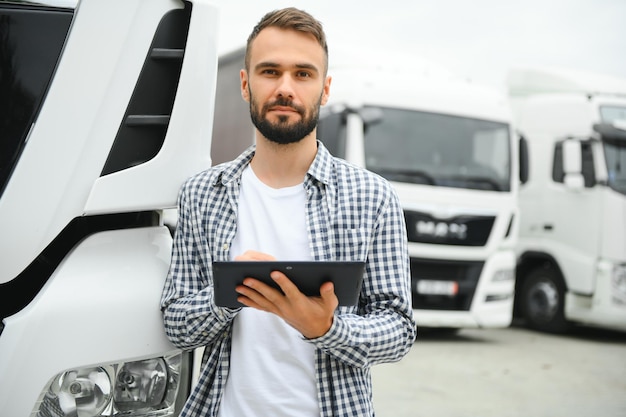 Retrato de un joven camionero barbudo parado junto a su camión Servicio de transporte Trabajo de conductor de camión