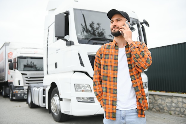 Foto retrato de un joven camionero barbudo de pie junto a su camión servicio de transporte trabajo de camionero