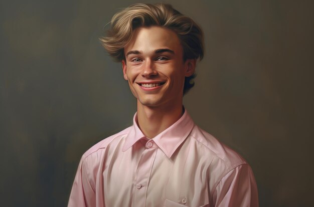 Un retrato de un joven con una camisa rosa.