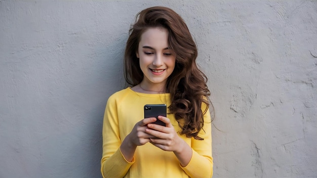 Retrato de una joven con una camiseta amarilla posando con un teléfono móvil en una pared gris