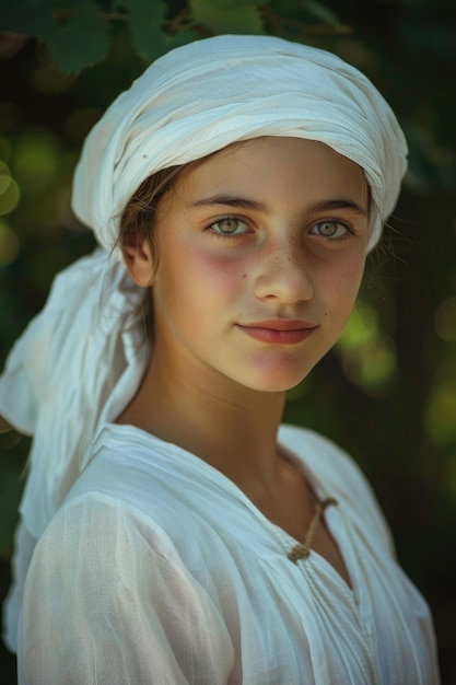 Foto retrato de una joven campesina con una capa blanca