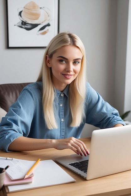 Retrato de una joven caucásica con cabello rubio que trabaja en casa sentada en un escritorio en la sala de estar usando una computadora portátil para escribir