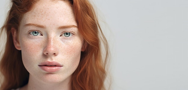 Foto retrato de una joven caucásica recortada y tranquila con la cara de pecas