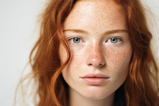 Retrato de una joven caucásica recortada y tranquila con la cara de pecas