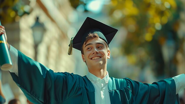 Foto retrato de un joven caucásico y guapo con confianza que lleva un vestido de graduación negro y una gorra de pie con los brazos cruzados contra la pared blanca