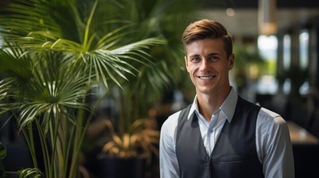 Foto retrato de un joven con un chaleco sonriente